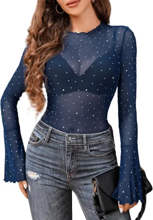 Avidlove Women Mesh Tops Rhinestone Tops Long Bell Sleeve Blouses Glitter Shirts Sexy Clubwear Outfits S-XXL