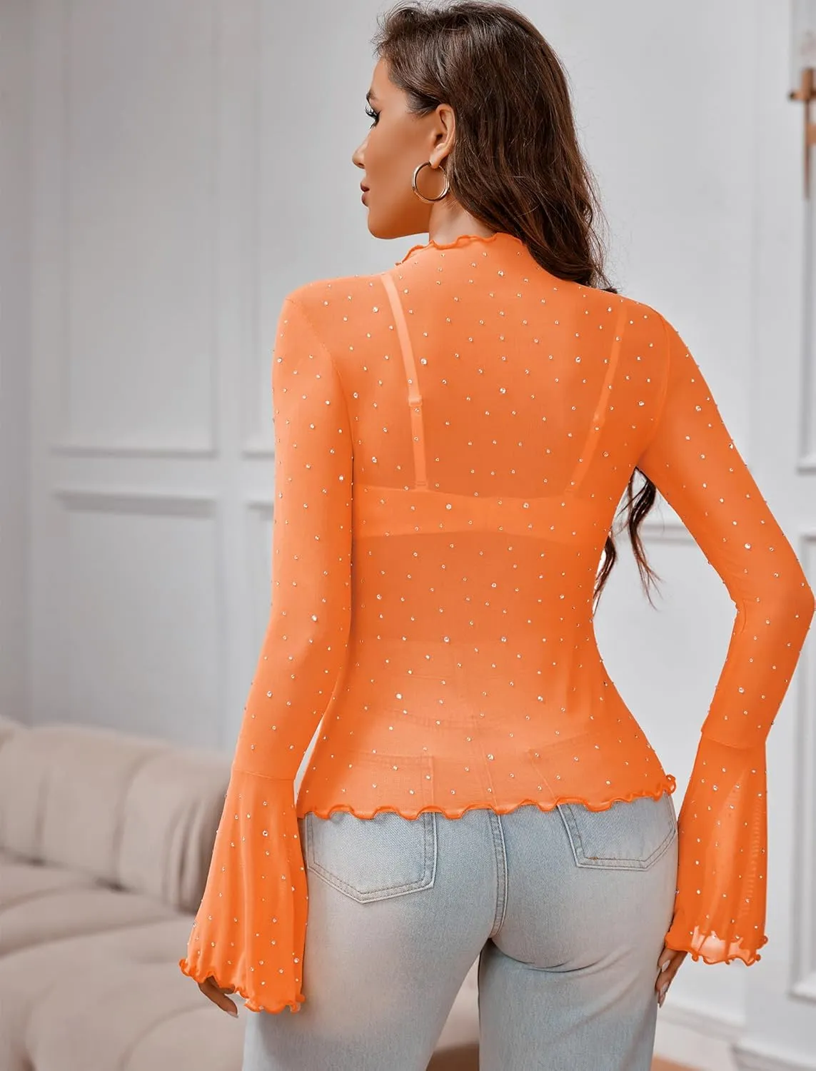 Avidlove Women Mesh Tops Rhinestone Tops Long Bell Sleeve Blouses Glitter Shirts Sexy Clubwear Outfits S-XXL