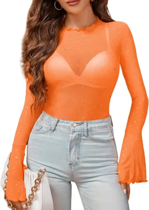 Avidlove Women Mesh Tops Rhinestone Tops Long Bell Sleeve Blouses Glitter Shirts Sexy Clubwear Outfits S-XXL