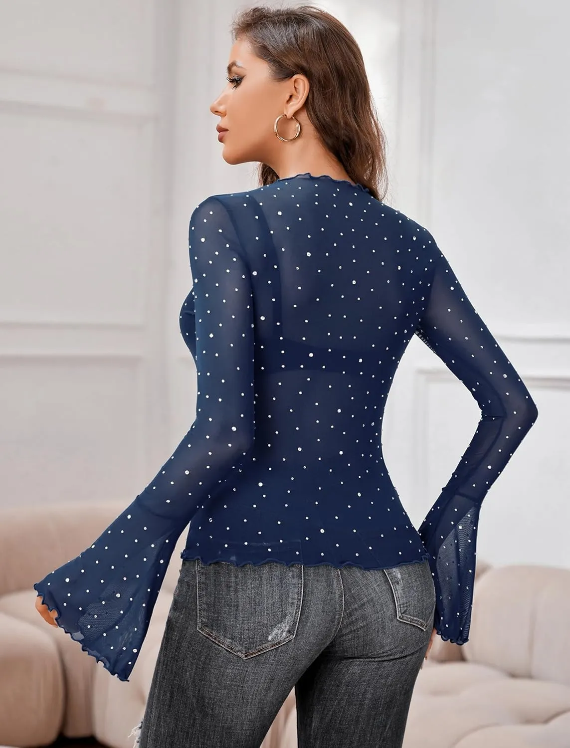 Avidlove Women Mesh Tops Rhinestone Tops Long Bell Sleeve Blouses Glitter Shirts Sexy Clubwear Outfits S-XXL