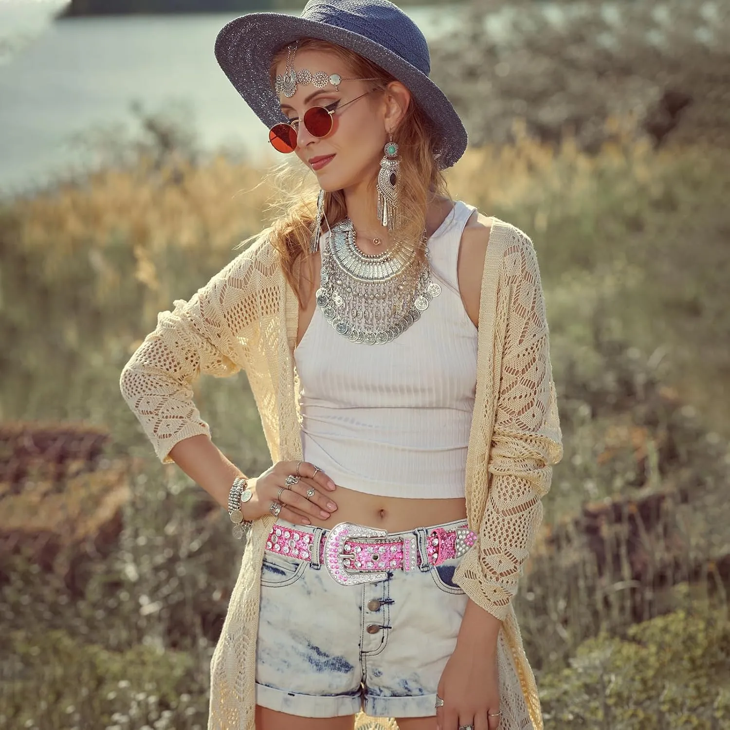 AWAYTR Rhinestone Belt for Women Men - Western Cowgirl Sequin Diamond Bling Studded Belts for Jeans Pants
