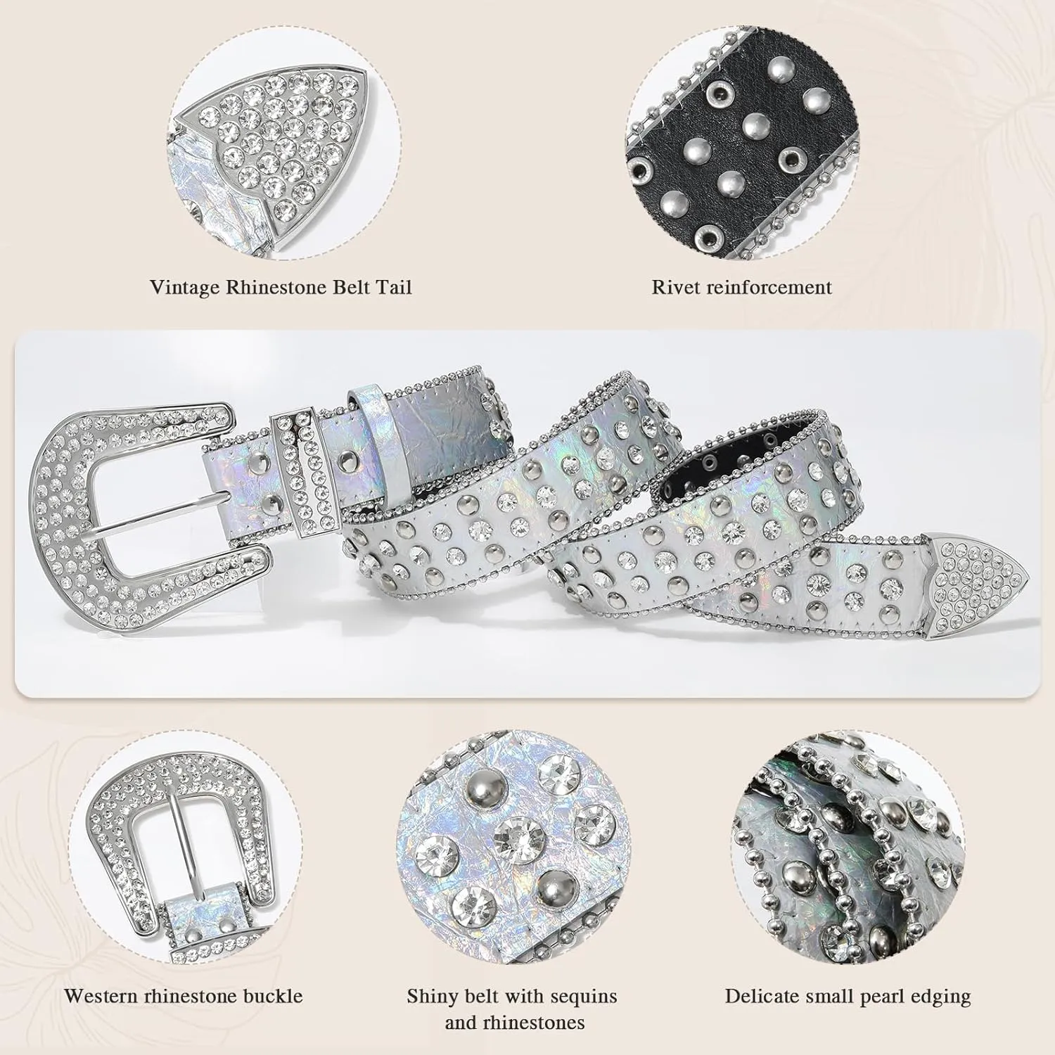 AWAYTR Rhinestone Belt for Women Men - Western Cowgirl Sequin Diamond Bling Studded Belts for Jeans Pants