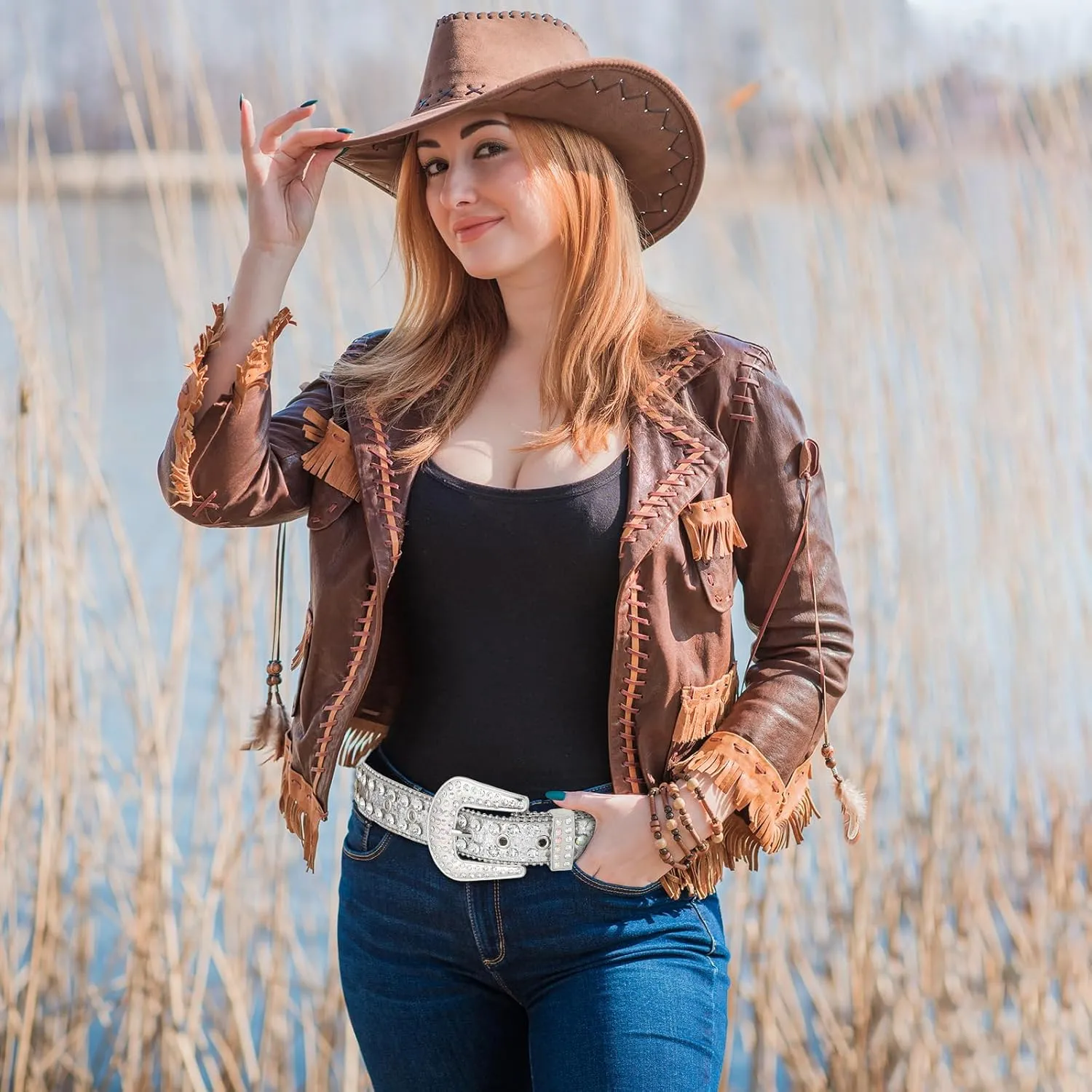 AWAYTR Rhinestone Belt for Women Men - Western Cowgirl Sequin Diamond Bling Studded Belts for Jeans Pants