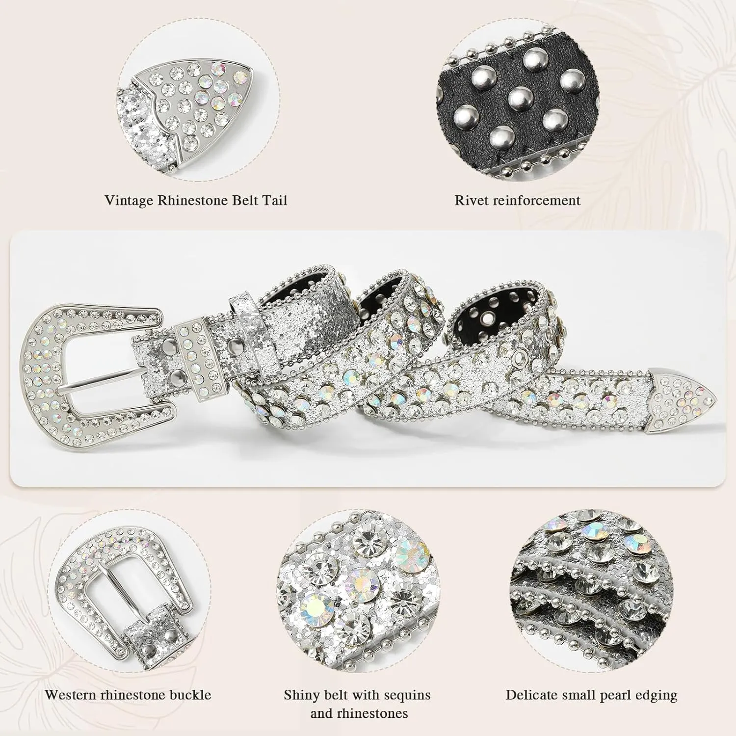 AWAYTR Rhinestone Belt for Women Men - Western Cowgirl Sequin Diamond Bling Studded Belts for Jeans Pants