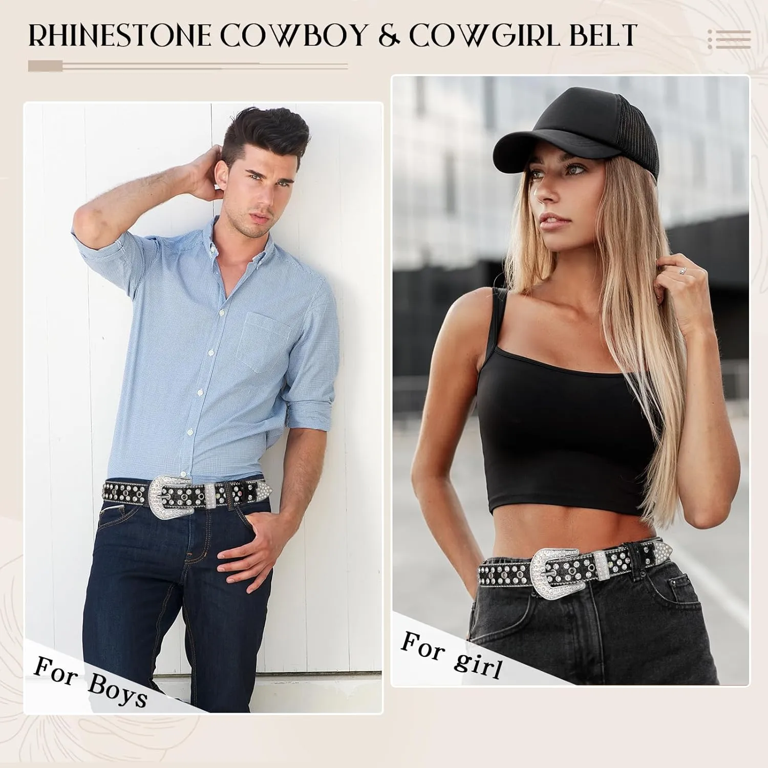 AWAYTR Rhinestone Belt for Women Men - Western Cowgirl Sequin Diamond Bling Studded Belts for Jeans Pants