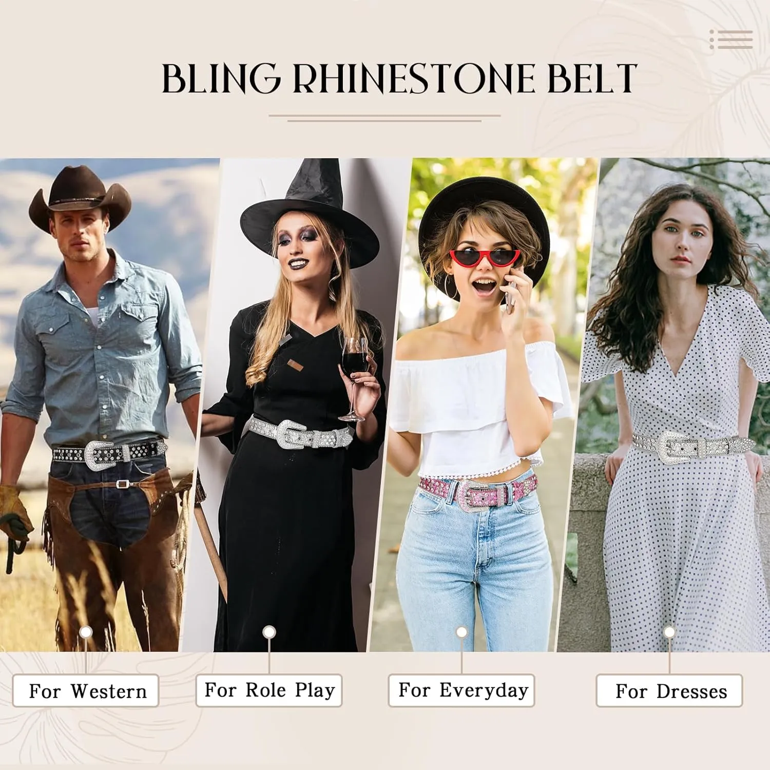 AWAYTR Rhinestone Belt for Women Men - Western Cowgirl Sequin Diamond Bling Studded Belts for Jeans Pants