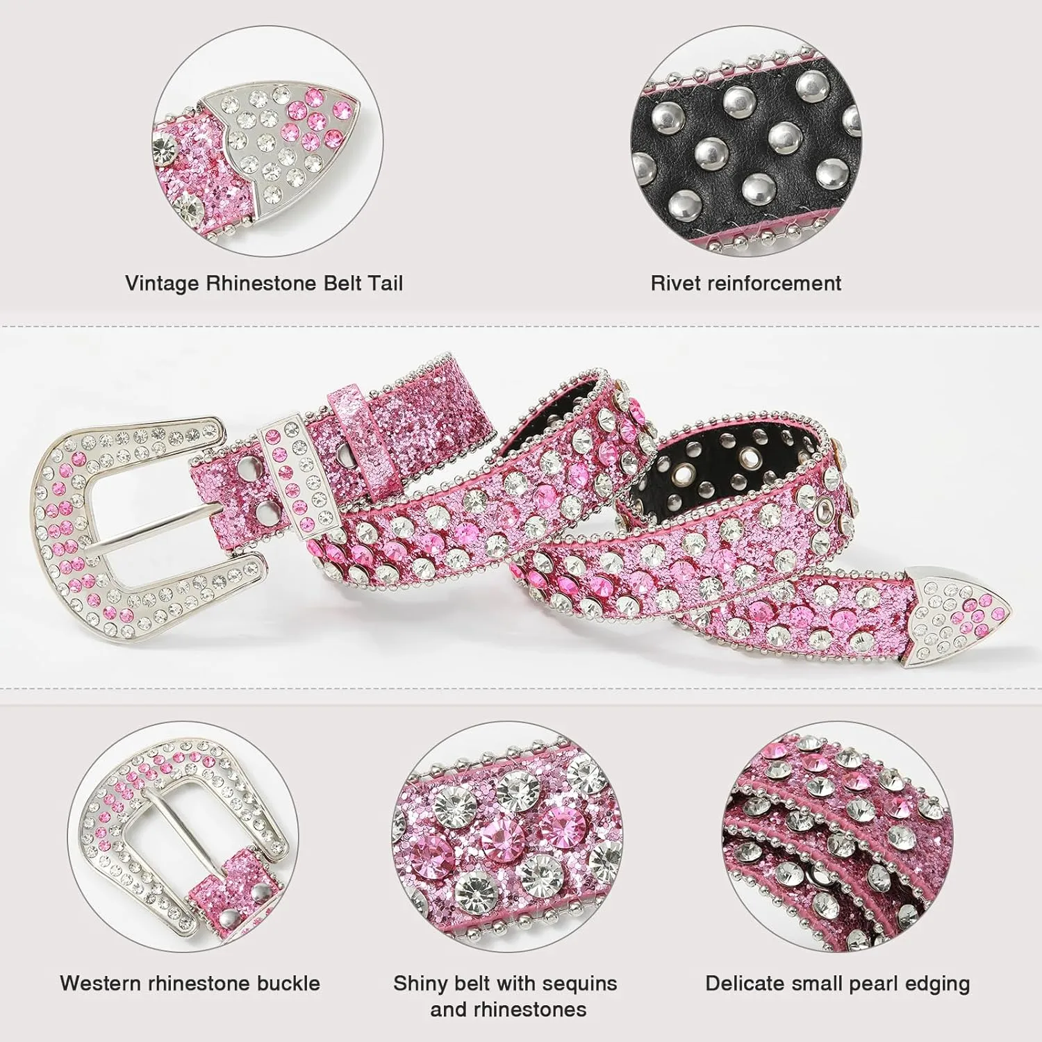 AWAYTR Rhinestone Belt for Women Men - Western Cowgirl Sequin Diamond Bling Studded Belts for Jeans Pants