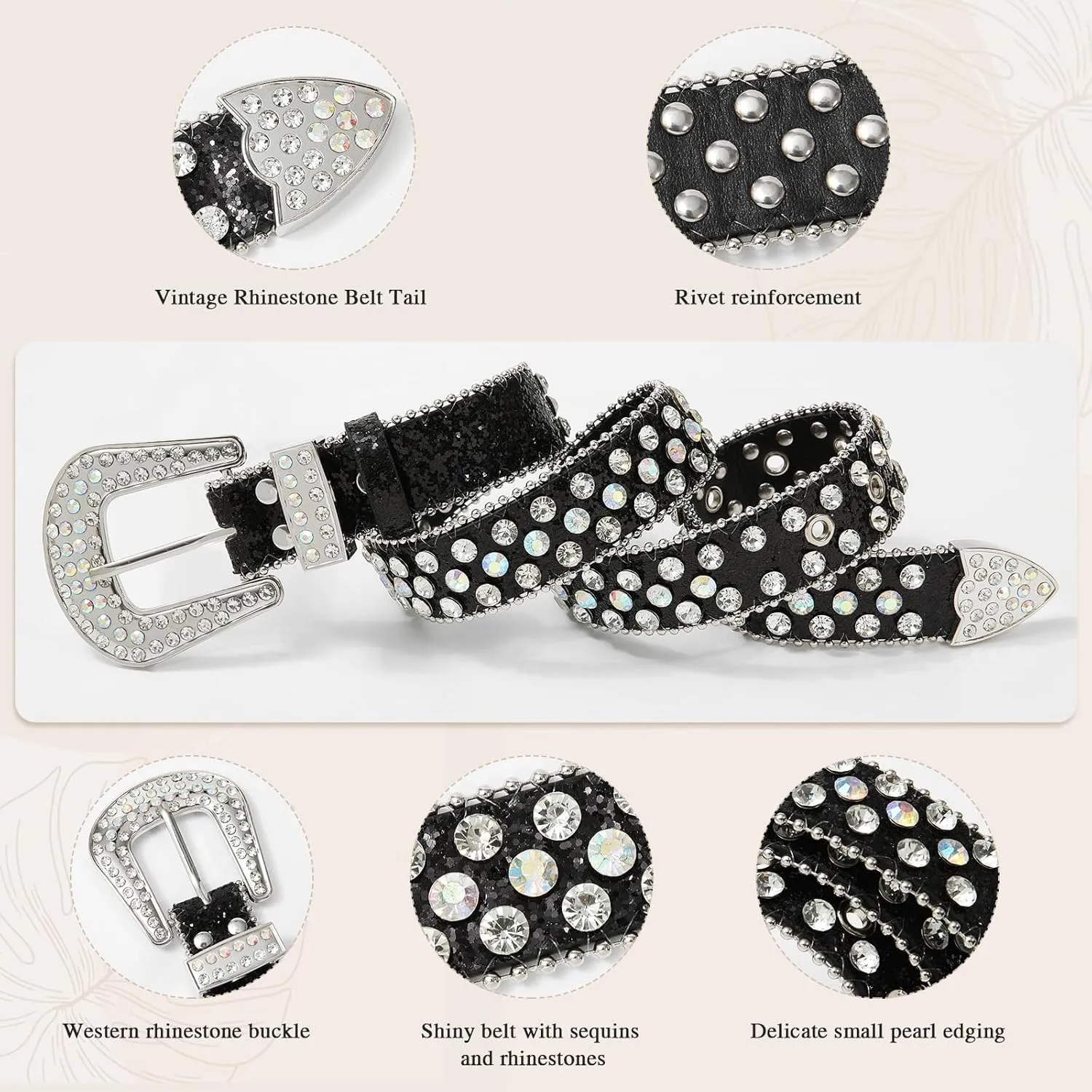 AWAYTR Rhinestone Belt for Women Men - Western Cowgirl Sequin Diamond Bling Studded Belts for Jeans Pants