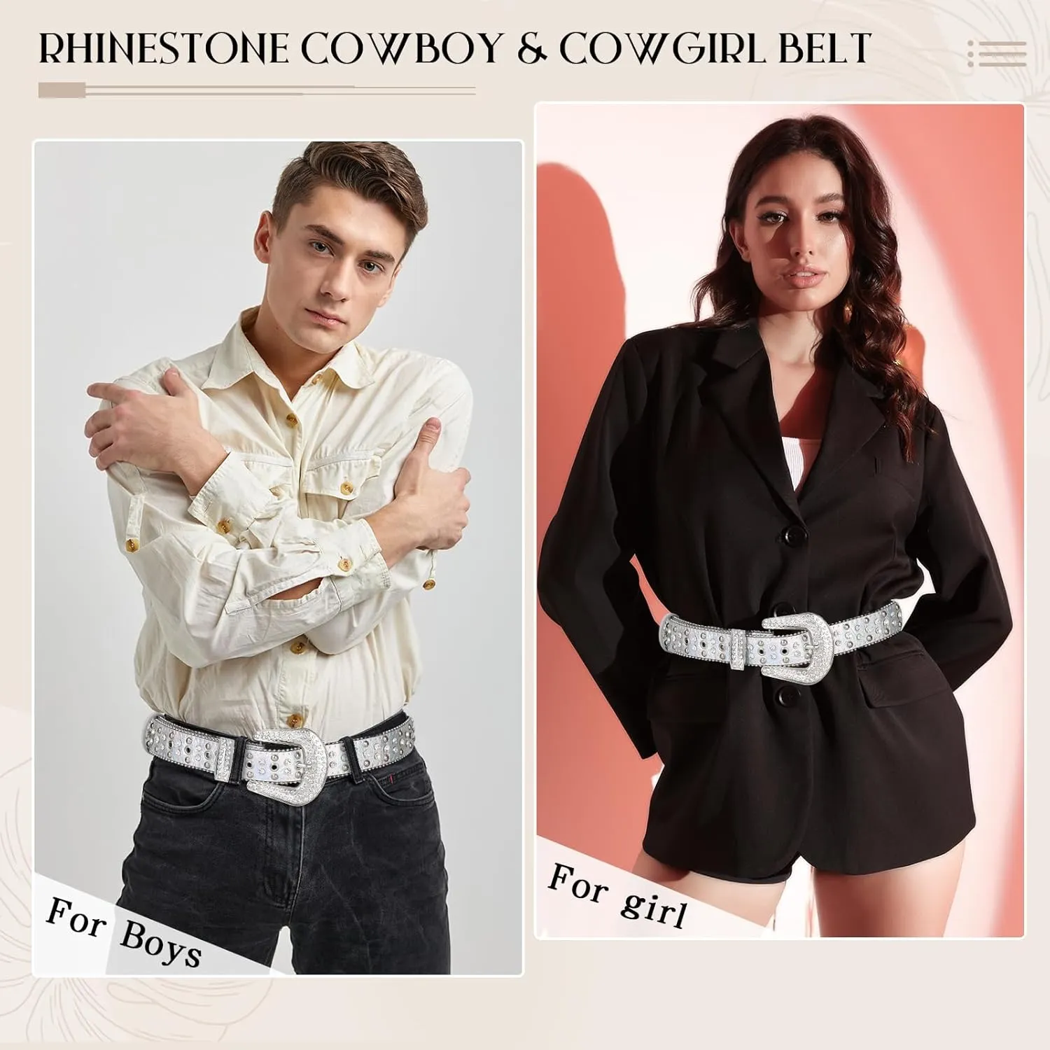 AWAYTR Rhinestone Belt for Women Men - Western Cowgirl Sequin Diamond Bling Studded Belts for Jeans Pants