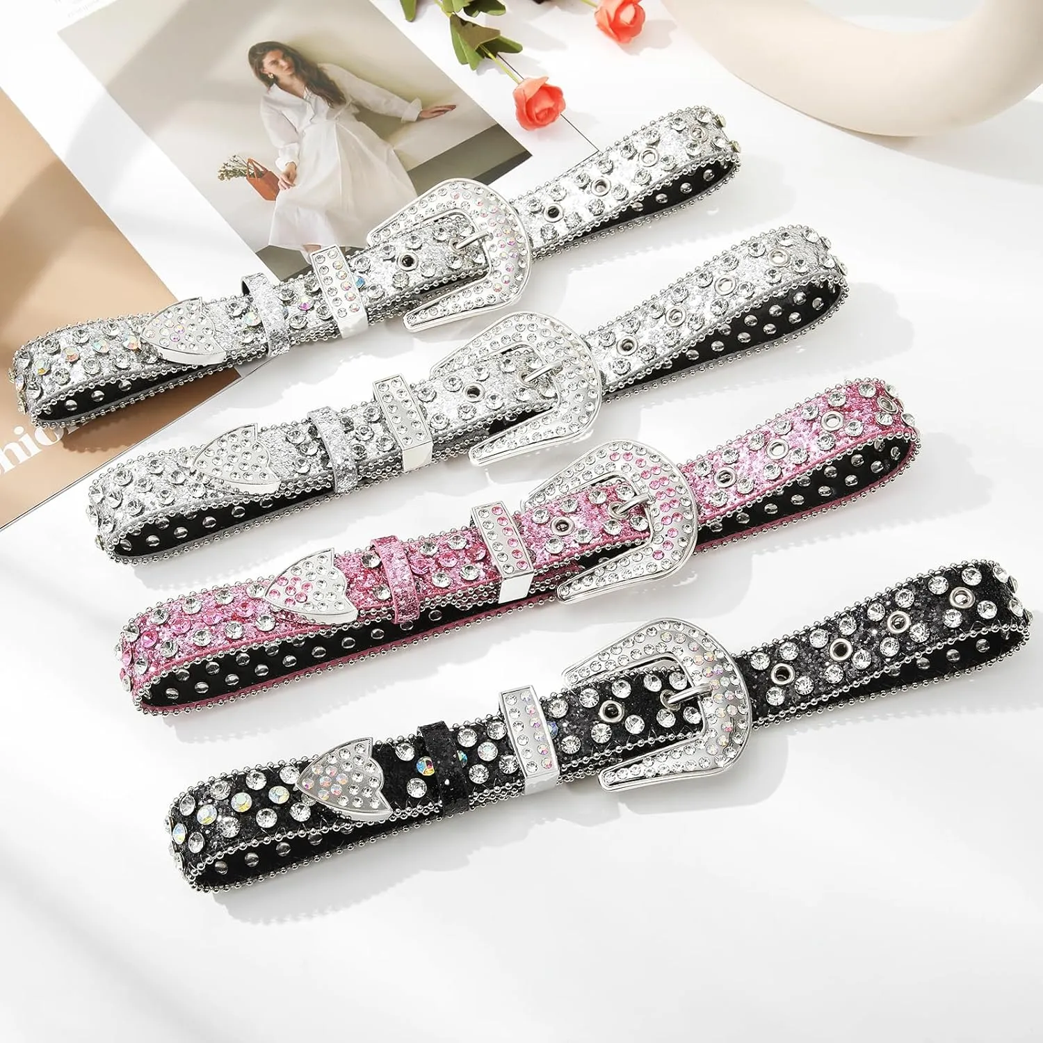 AWAYTR Rhinestone Belt for Women Men - Western Cowgirl Sequin Diamond Bling Studded Belts for Jeans Pants