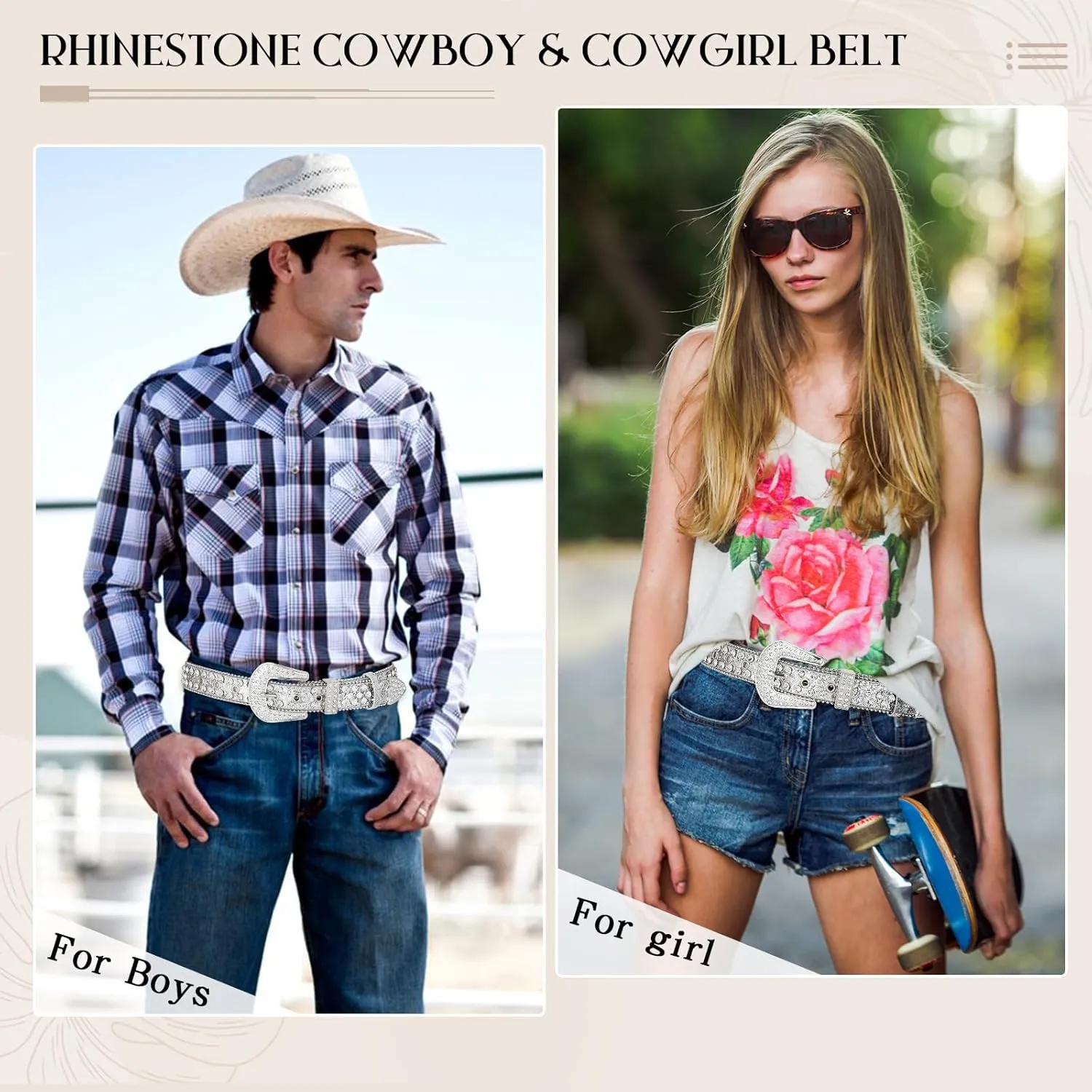 AWAYTR Rhinestone Belt for Women Men - Western Cowgirl Sequin Diamond Bling Studded Belts for Jeans Pants