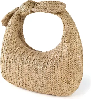 Beige Bag Polyester Clutch Straw Handbag Bow Purse Summer Beach Accessory