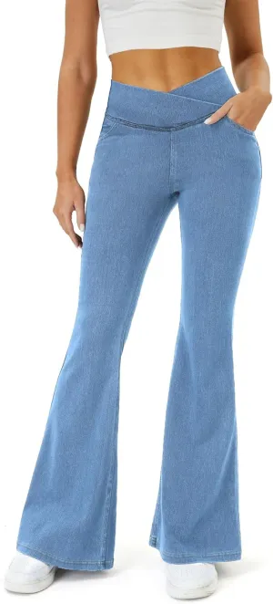 Bell Bottom Jeans for Women Trendy High Waisted Crossover Stretchy Jeans Flare Leggings with Pockets Y2k Jeggings Light Wash