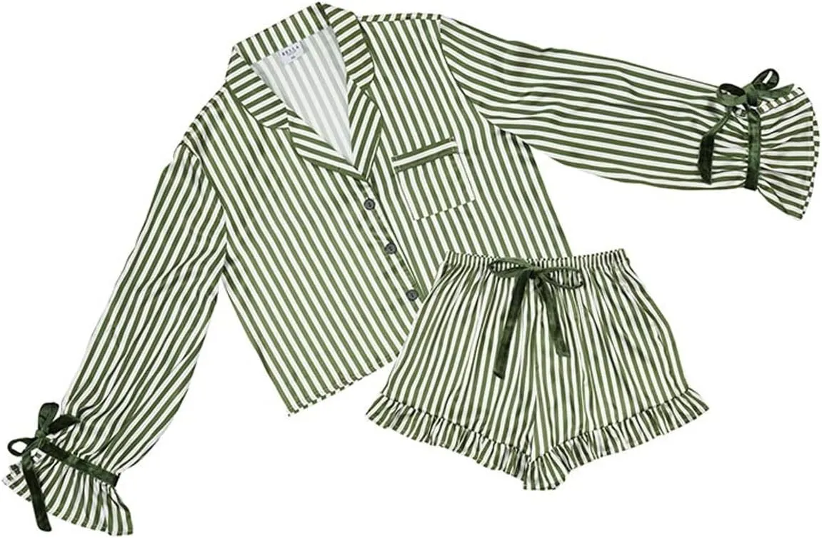 Bella Matching Pajama Sleep Set For Women, Cropped Long Sleeve and Shorts 2-Piece Loungewear, Polyester Satin With Velvet Ties, Green and White Stripe Small