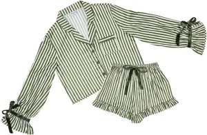 Bella Matching Pajama Sleep Set For Women, Cropped Long Sleeve and Shorts 2-Piece Loungewear, Polyester Satin With Velvet Ties, Green and White Stripe Small