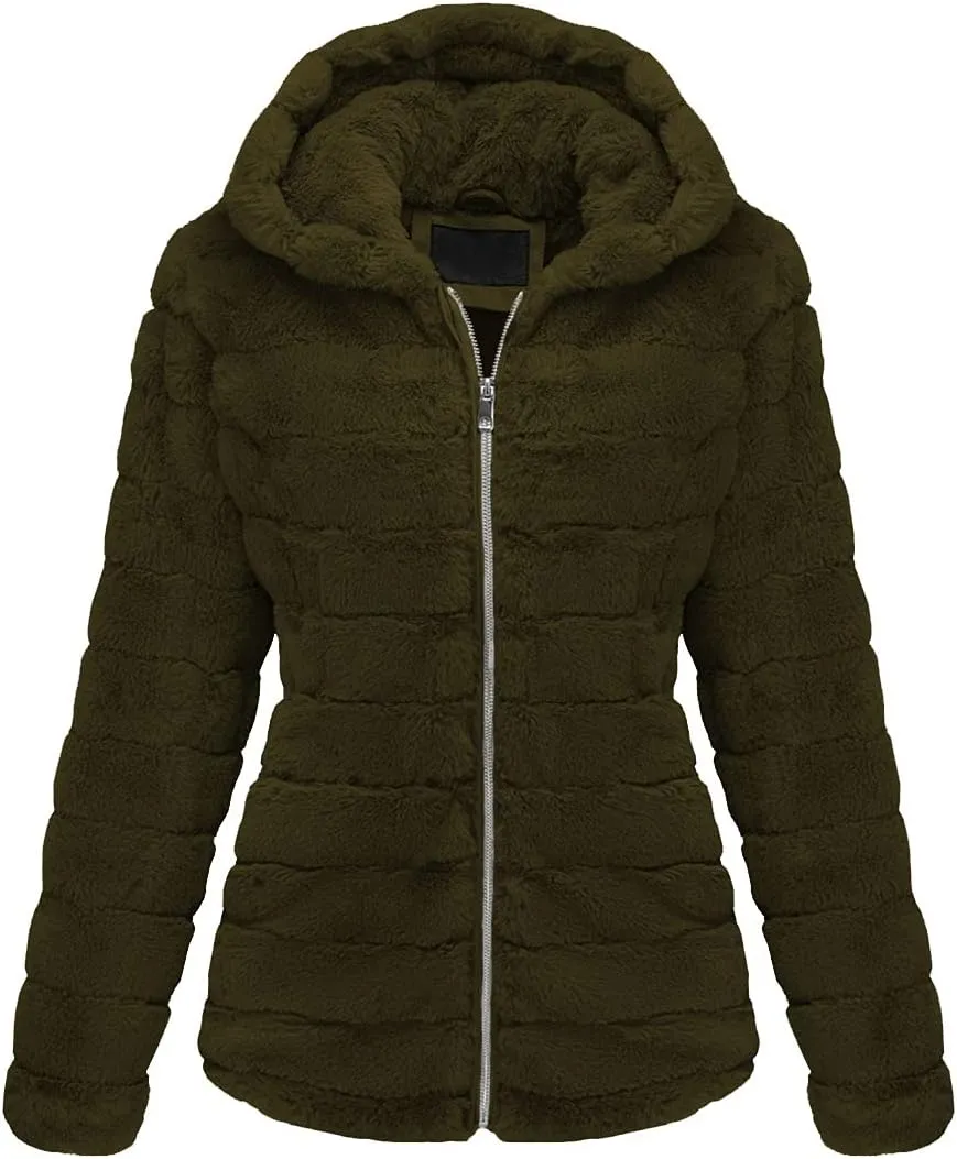 Bellivera Women's Faux Fur Coat Shearling Fluffy Fuzzy Shaggy Hood Sherpa-Lined Fleece Jacket