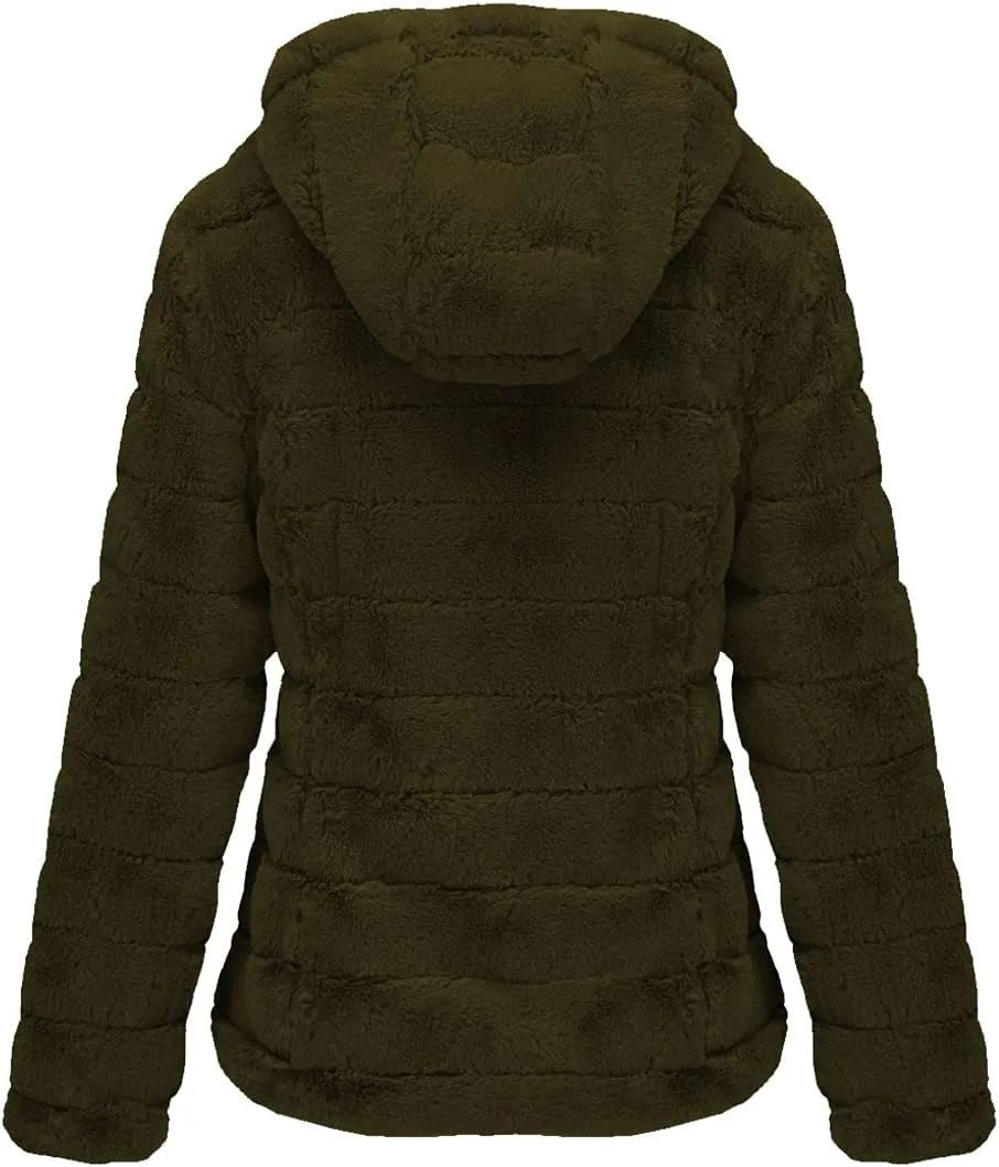 Bellivera Women's Faux Fur Coat Shearling Fluffy Fuzzy Shaggy Hood Sherpa-Lined Fleece Jacket