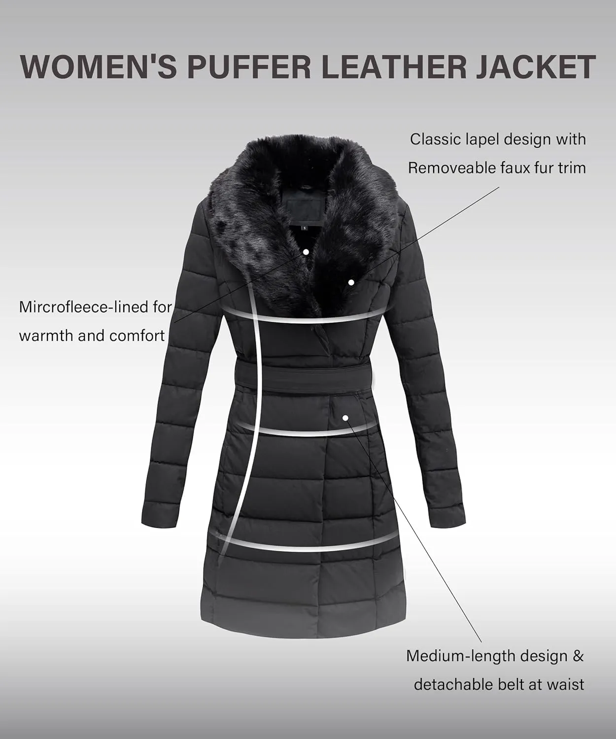 Bellivera Women's Winter Puffer Jacket Cold-Resistant Patchwork Plush Lining Coat with Removable Fur Collar Hooded and Belted