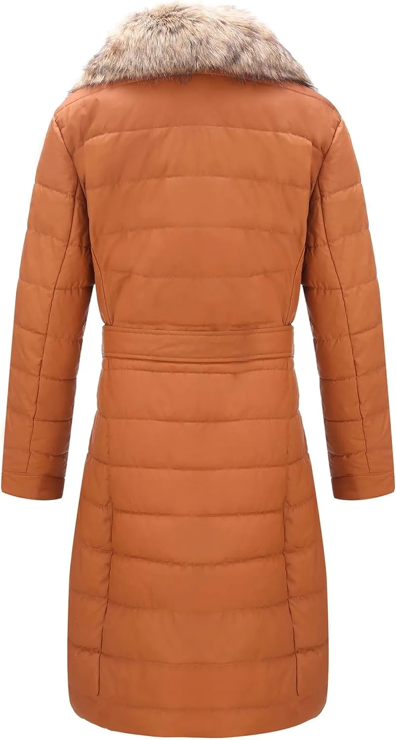 Bellivera Women's Winter Puffer Jacket Cold-Resistant Patchwork Plush Lining Coat with Removable Fur Collar Hooded and Belted