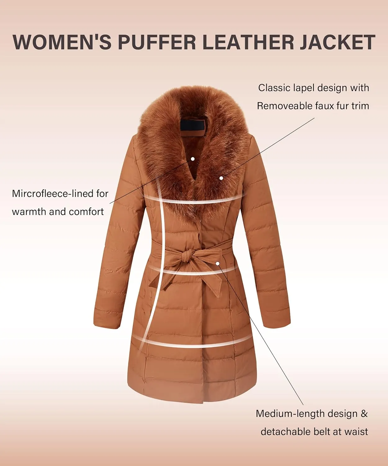 Bellivera Women's Winter Puffer Jacket Cold-Resistant Patchwork Plush Lining Coat with Removable Fur Collar Hooded and Belted