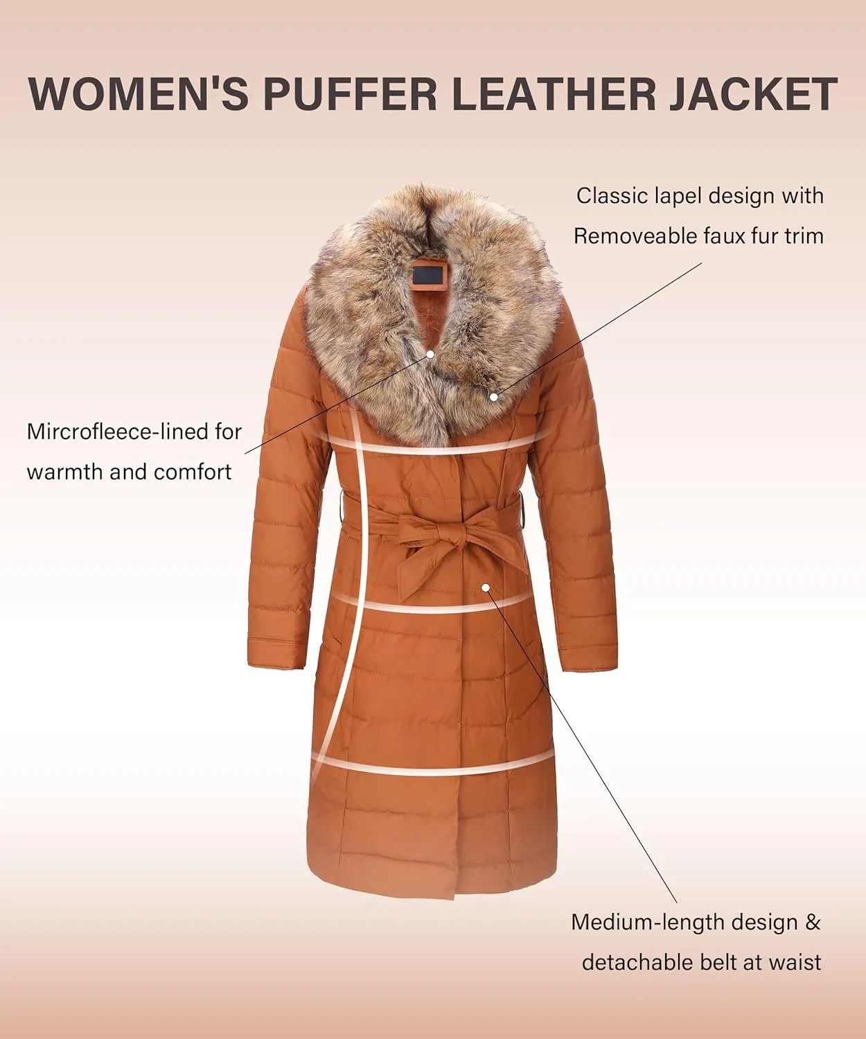 Bellivera Women's Winter Puffer Jacket Cold-Resistant Patchwork Plush Lining Coat with Removable Fur Collar Hooded and Belted