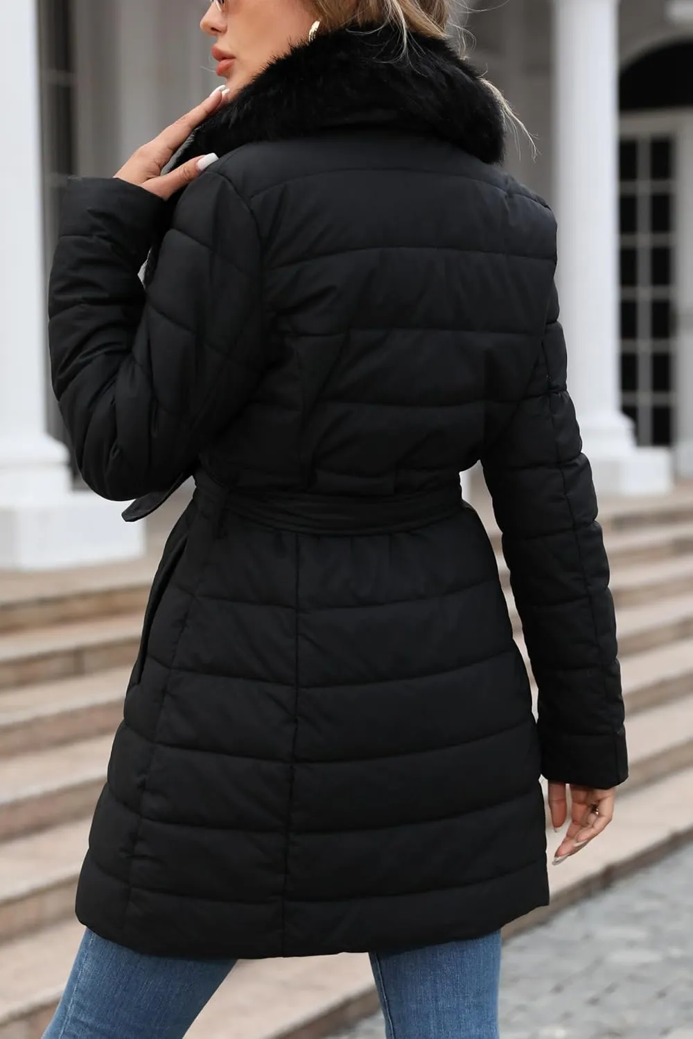 Bellivera Women's Winter Puffer Jacket Cold-Resistant Patchwork Plush Lining Coat with Removable Fur Collar Hooded and Belted