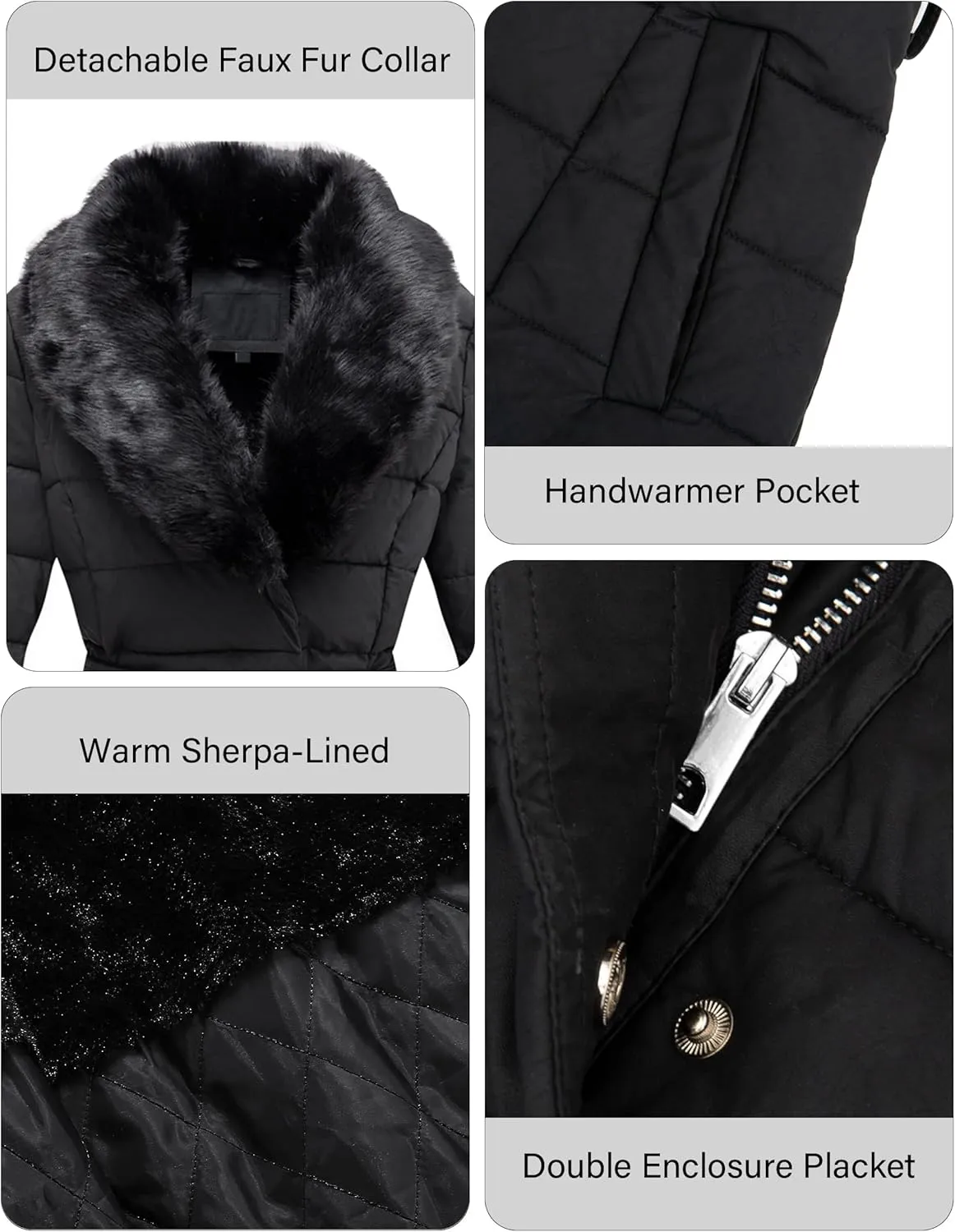 Bellivera Women's Winter Puffer Jacket Cold-Resistant Patchwork Plush Lining Coat with Removable Fur Collar Hooded and Belted