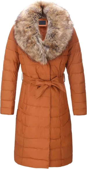 Bellivera Women's Winter Puffer Jacket Cold-Resistant Patchwork Plush Lining Coat with Removable Fur Collar Hooded and Belted
