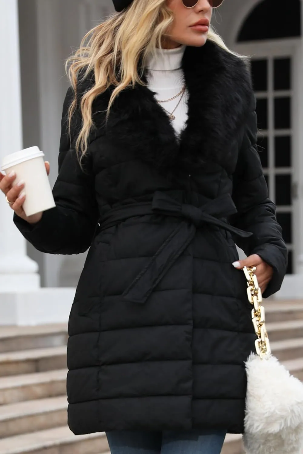 Bellivera Women's Winter Puffer Jacket Cold-Resistant Patchwork Plush Lining Coat with Removable Fur Collar Hooded and Belted
