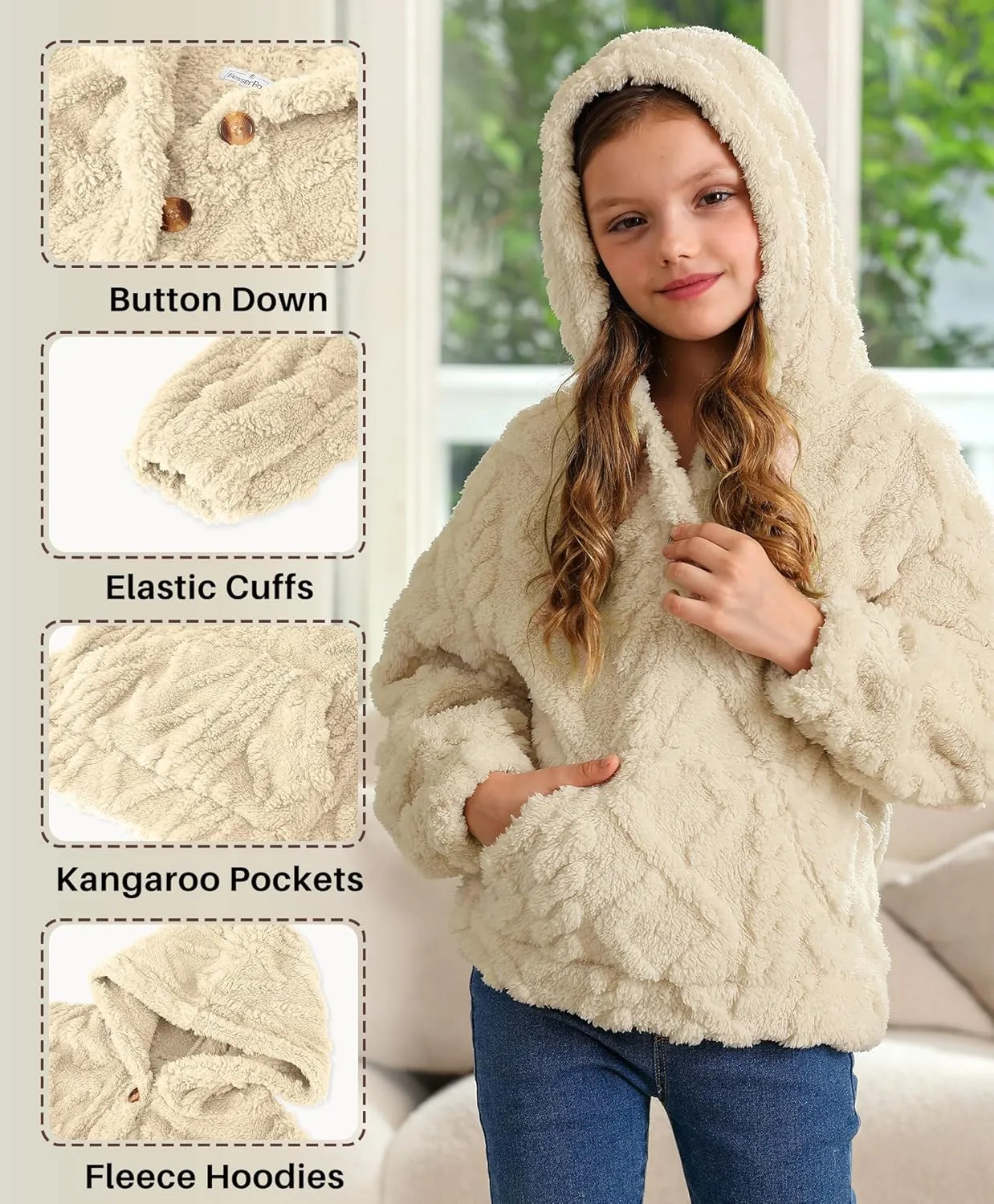 BesserBay Girls Fuzzy Hoodie Button Down Fleece Sherpa Cable Knit Pullover Sweatshirt with Pockets 5-14 Years