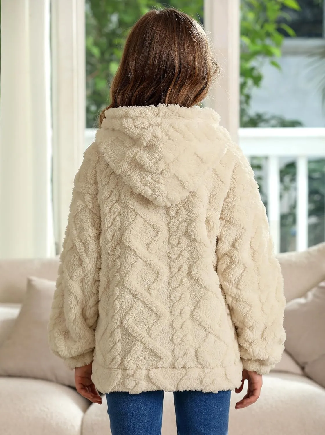 BesserBay Girls Fuzzy Hoodie Button Down Fleece Sherpa Cable Knit Pullover Sweatshirt with Pockets 5-14 Years