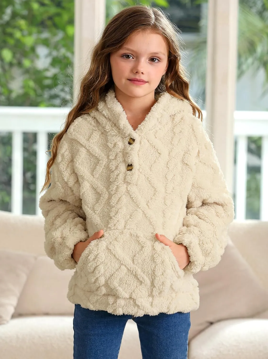 BesserBay Girls Fuzzy Hoodie Button Down Fleece Sherpa Cable Knit Pullover Sweatshirt with Pockets 5-14 Years