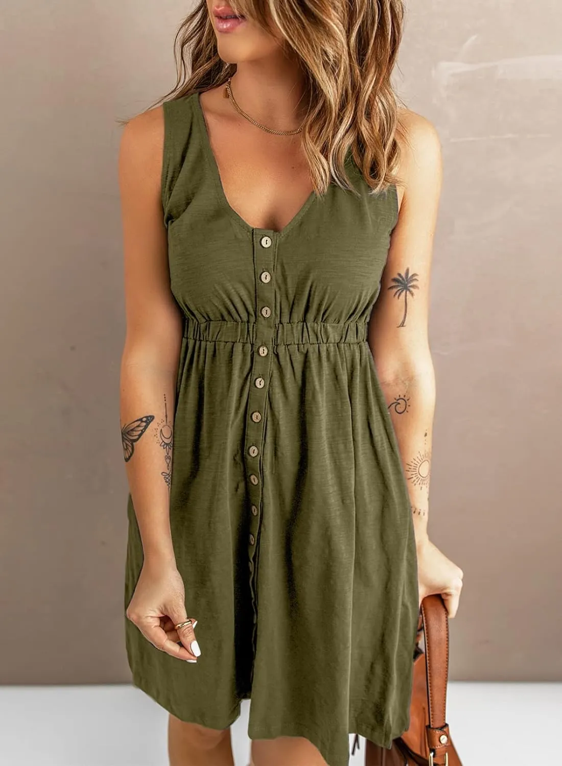 BLENCOT Women's Casual Sleeveless T-Shirt Dresses Summer V Neck Button Down Swing Short Dress