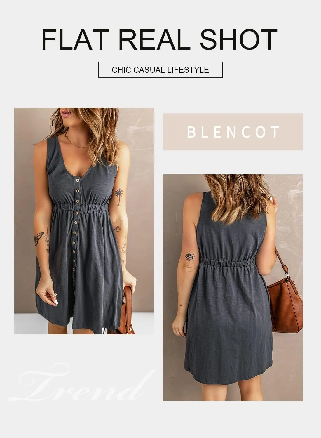 BLENCOT Women's Casual Sleeveless T-Shirt Dresses Summer V Neck Button Down Swing Short Dress