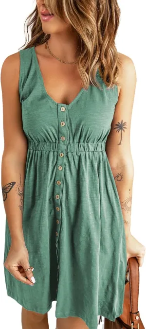BLENCOT Women's Casual Sleeveless T-Shirt Dresses Summer V Neck Button Down Swing Short Dress