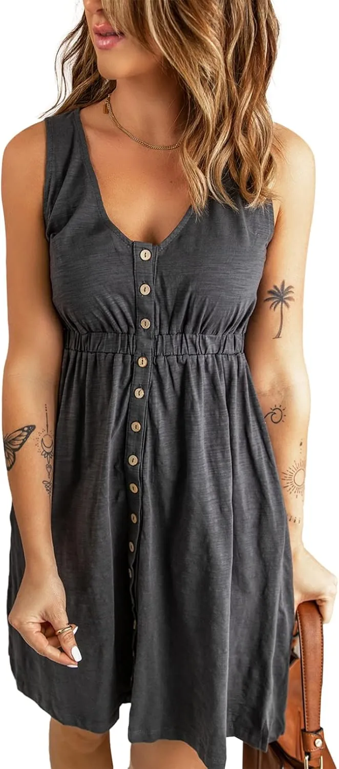 BLENCOT Women's Casual Sleeveless T-Shirt Dresses Summer V Neck Button Down Swing Short Dress
