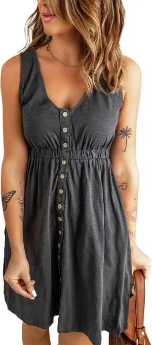 BLENCOT Women's Casual Sleeveless T-Shirt Dresses Summer V Neck Button Down Swing Short Dress