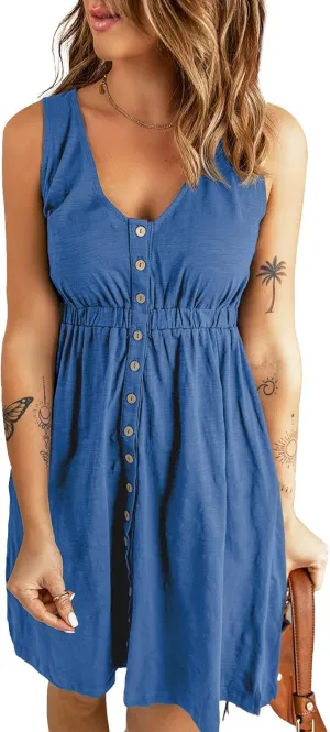 BLENCOT Women's Casual Sleeveless T-Shirt Dresses Summer V Neck Button Down Swing Short Dress