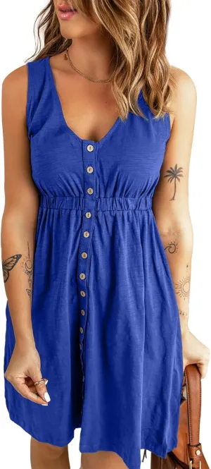BLENCOT Women's Casual Sleeveless T-Shirt Dresses Summer V Neck Button Down Swing Short Dress