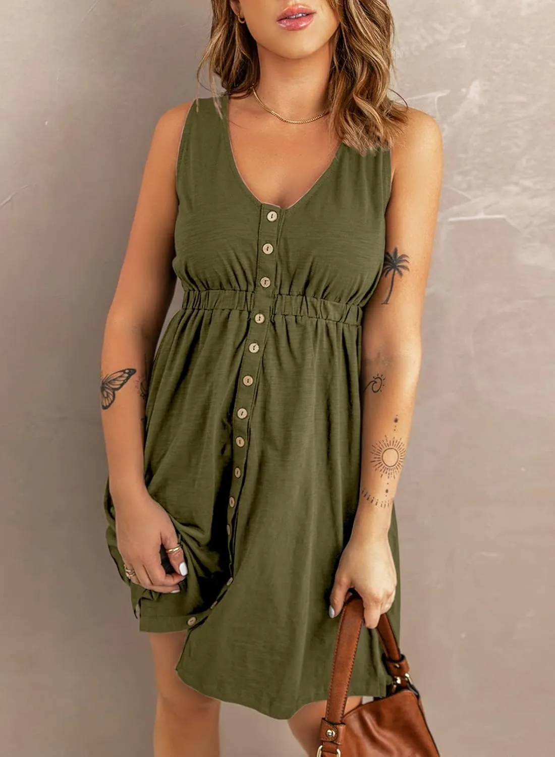 BLENCOT Women's Casual Sleeveless T-Shirt Dresses Summer V Neck Button Down Swing Short Dress