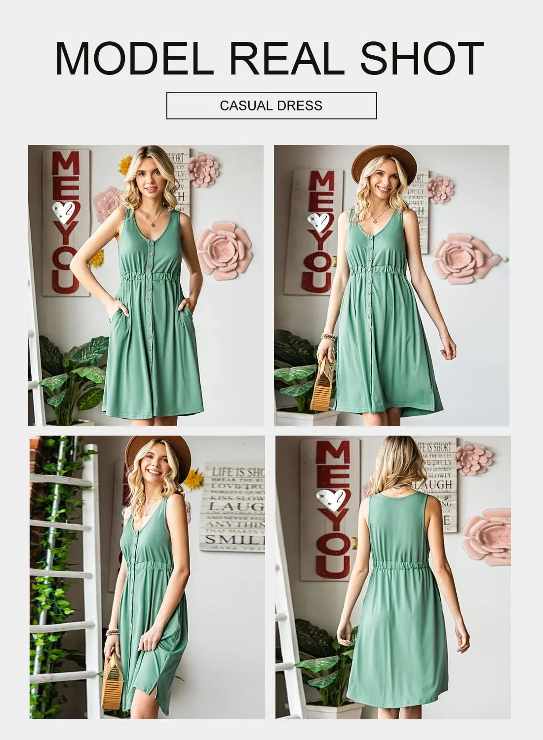 BLENCOT Women's Casual Sleeveless T-Shirt Dresses Summer V Neck Button Down Swing Short Dress