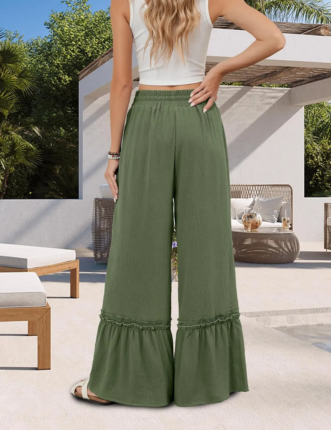BMJL Womens High Waisted Wide Leg Pants Palazzo Beach Trousers Lace Flowy Summer Outfits