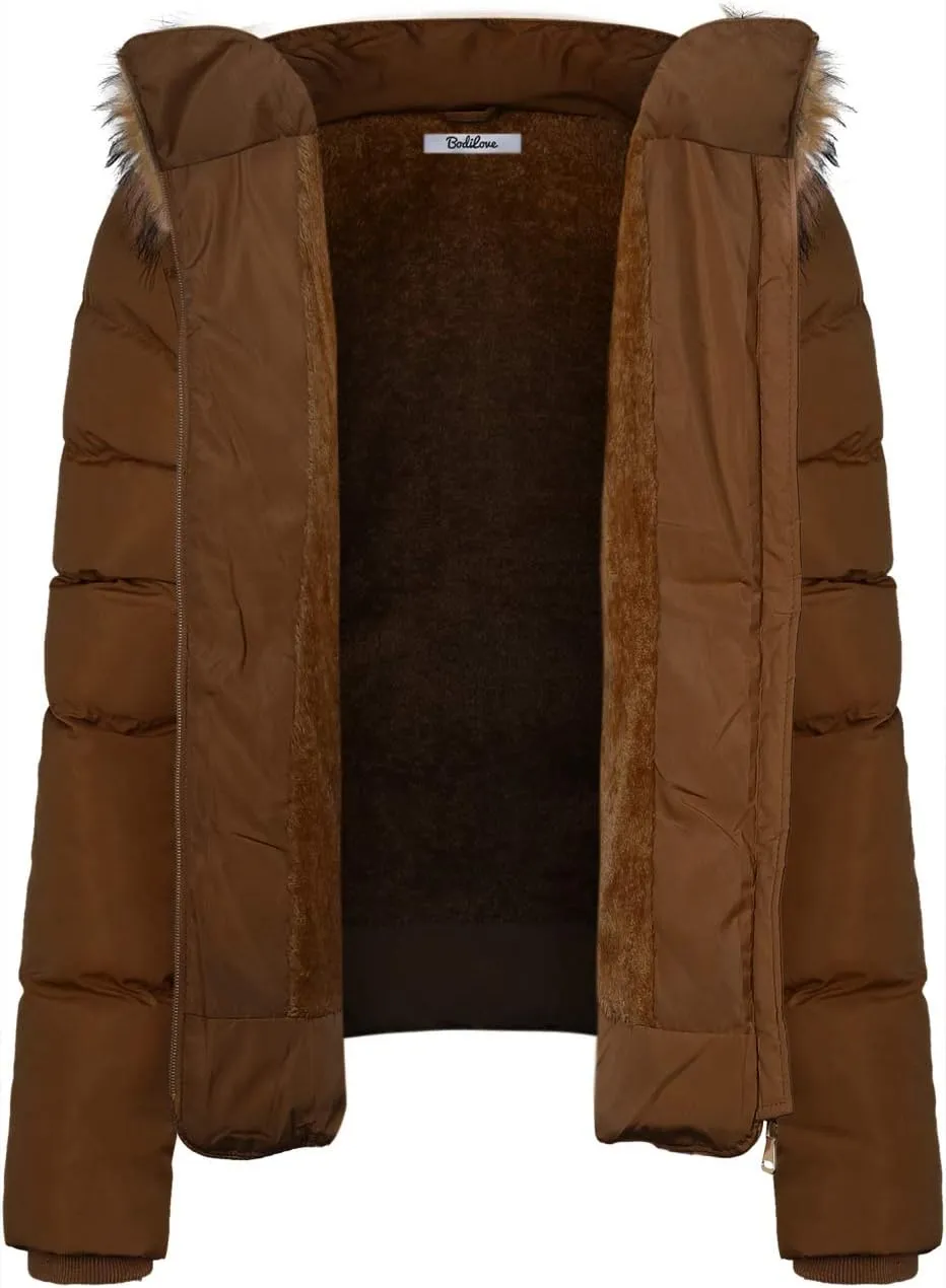 BodiLove Thickened Winter Puffer Jacket with Removable Faux Fur Hood Fleece Lining