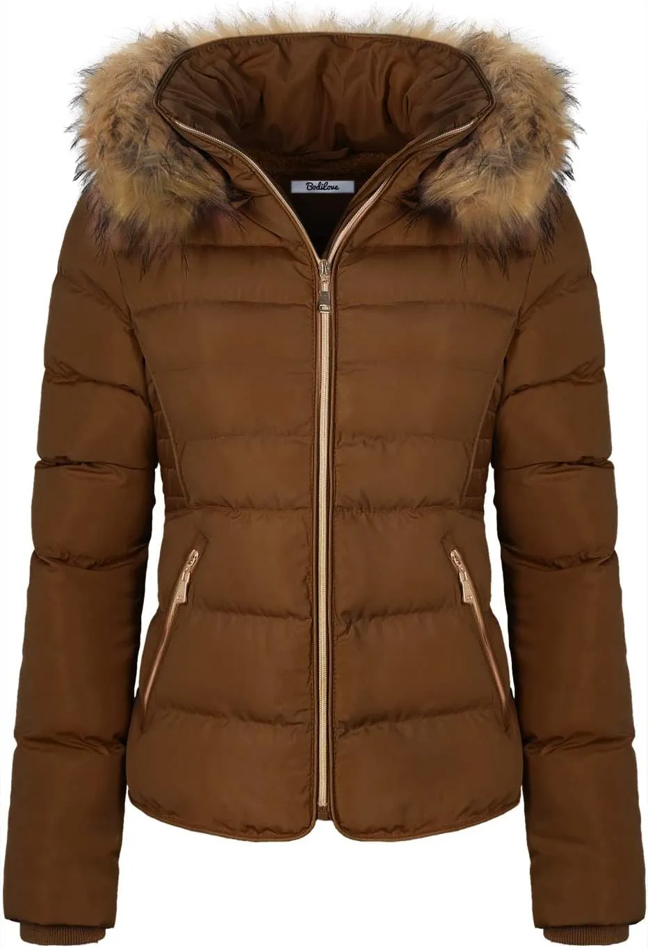 BodiLove Thickened Winter Puffer Jacket with Removable Faux Fur Hood Fleece Lining