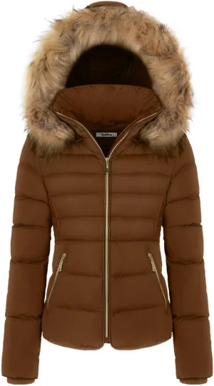 BodiLove Thickened Winter Puffer Jacket with Removable Faux Fur Hood Fleece Lining
