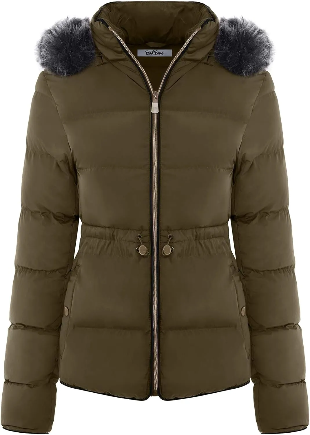 BodiLove Women's Belted Down Puffer Jacket with Faux Fur Trim Hood