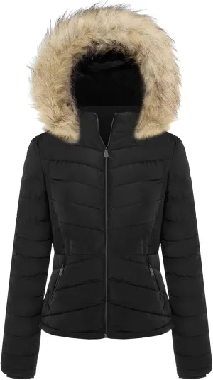 BodiLove Women's Belted Down Puffer Jacket with Faux Fur Trim Hood