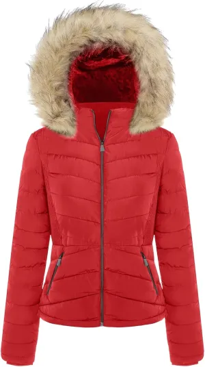 BodiLove Women's Belted Down Puffer Jacket with Faux Fur Trim Hood