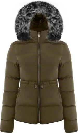 BodiLove Women's Belted Down Puffer Jacket with Faux Fur Trim Hood