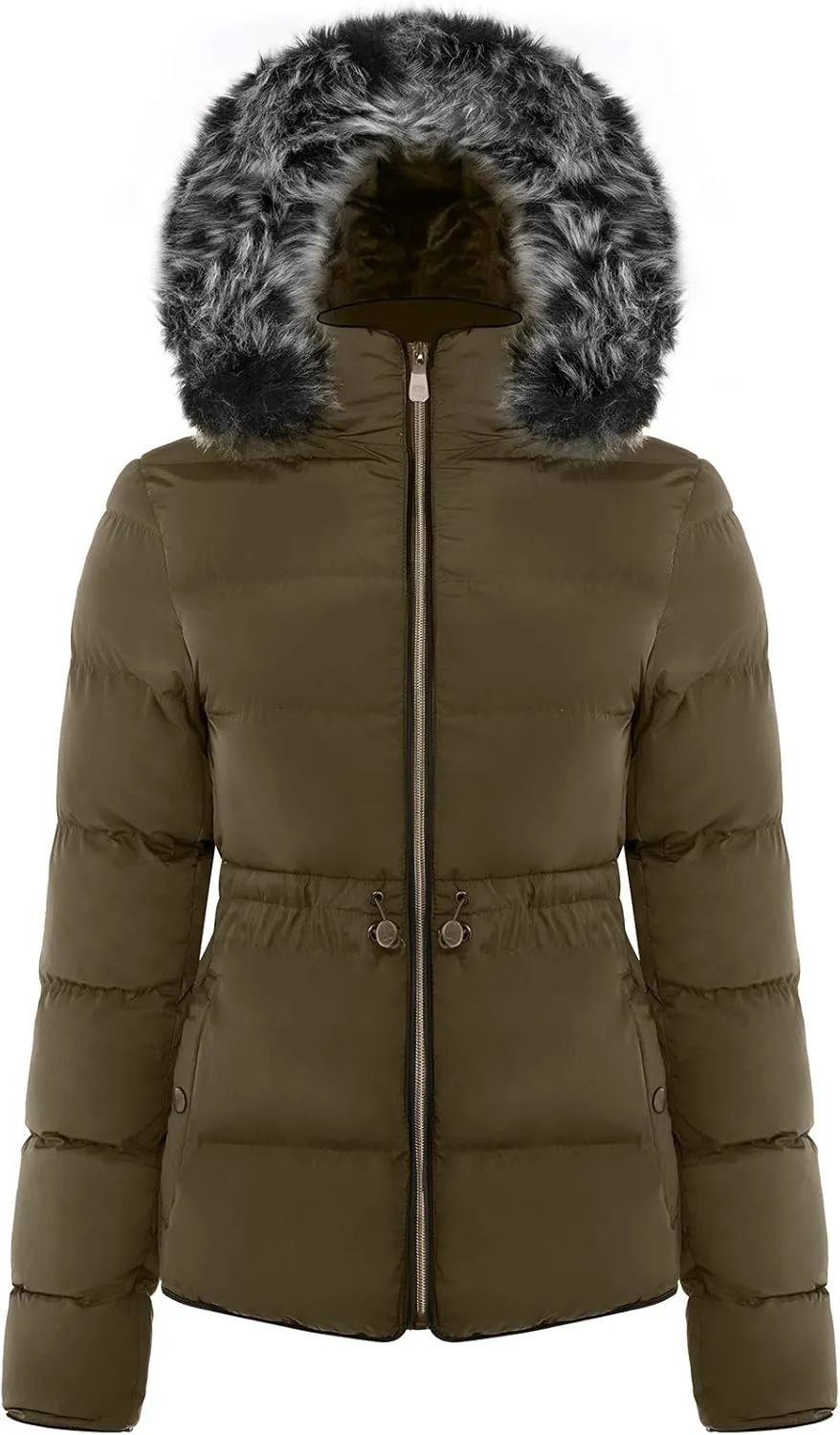 BodiLove Women's Belted Down Puffer Jacket with Faux Fur Trim Hood